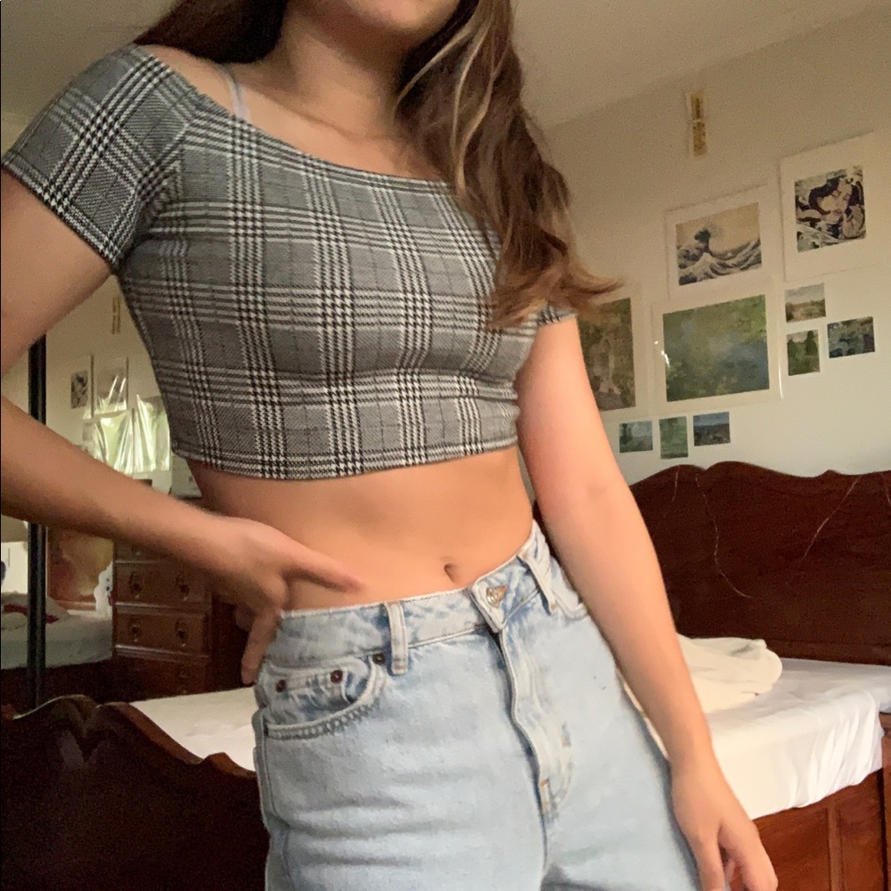 BRANDY MELVILLE PLAID OFF-THE-SHOULDER CROP TOP